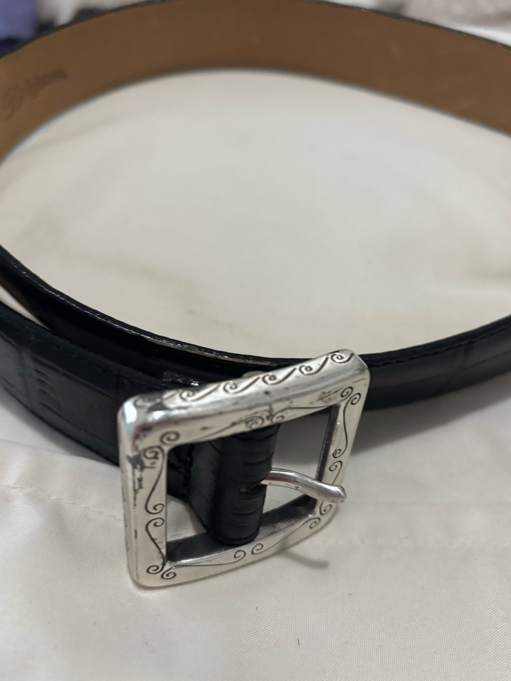 Brighton Black Leather Belt with Engraved Silver Buckle